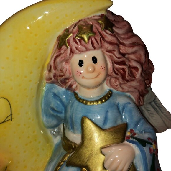 FITZ AND FLOYD COIN PIGGY BANK MOONBEAMS ANGEL MOON STARS CERAMIC YELLOW BLUE - Picture 2 of 6